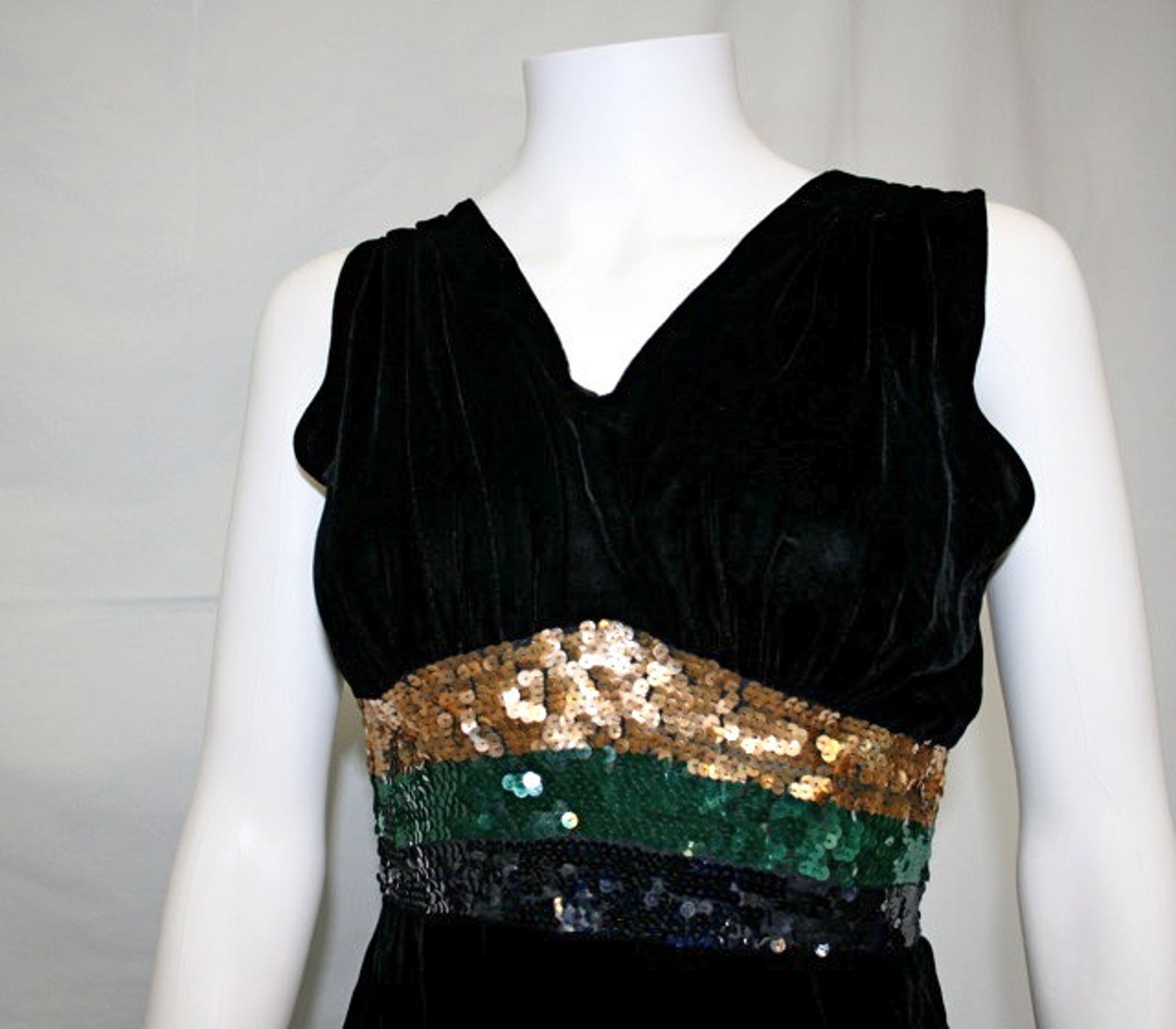 1930s Art Deco Black Silk Velvet Gown – Sequined Evening Dress, XS - Etsy