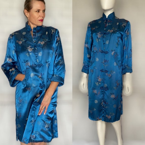 Vintage Royal Blue Silk Floral Asian Jacket/Robe