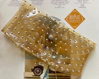 Fabulous Vintage Clear Gold Plastic Evening Bag wirh Faux Pearls and Rhinestone Closure