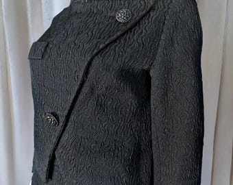 1960s - Joseph Magnin Black Textured Jaquard Skirt Suit with Rhinestone Buttons