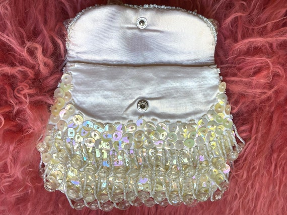 Vintage Ivory Iridescent Sequined and Fringe Bead… - image 1