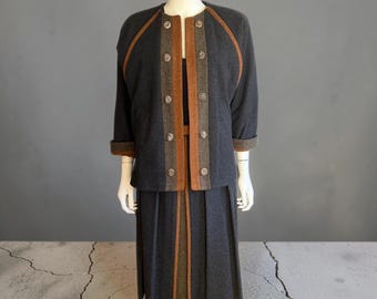 Vintage 1980s Doris Senger Austria Wool Skirt Set | Charcoal Black Forest Green Sienna Striped Loden Suit Pleated Tyrolean Trachten Jacket O