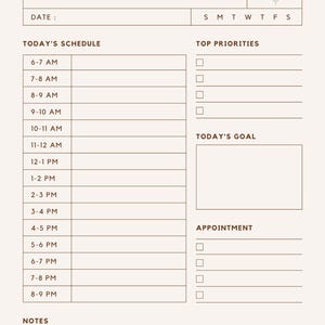 May include: Beige daily planner with the text "DAILY PLANNER" at the top. Includes sections for date, schedule, top priorities, today's goal, appointments, and notes. Features a decorative sunburst design and time slots from 6 AM to 9 PM.