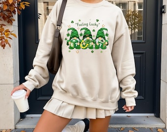 Feeling Lucky Gnome Sweatshirt, St Patricks Day Shamrock Gnomes Shirt, Irish Holiday Apparel
