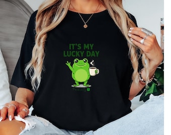 Retro Frog Coffee Shirt, St Patricks Day Graphic Tee, Lucky Clover Graphic