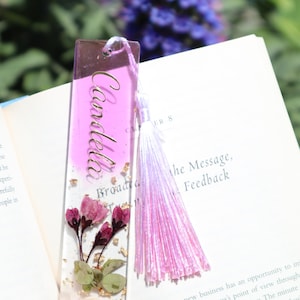 Personalized Pressed Flower Resin Bookmark: Gold Vinyl Name, Purple Floral, Pink tassel