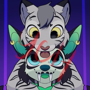 May include: Digital illustration of two stylized animal characters. The top character is light gray with black stripes and yellow eyes. The bottom character has a black and white face, blue eyes, and green accents. The background is purple.