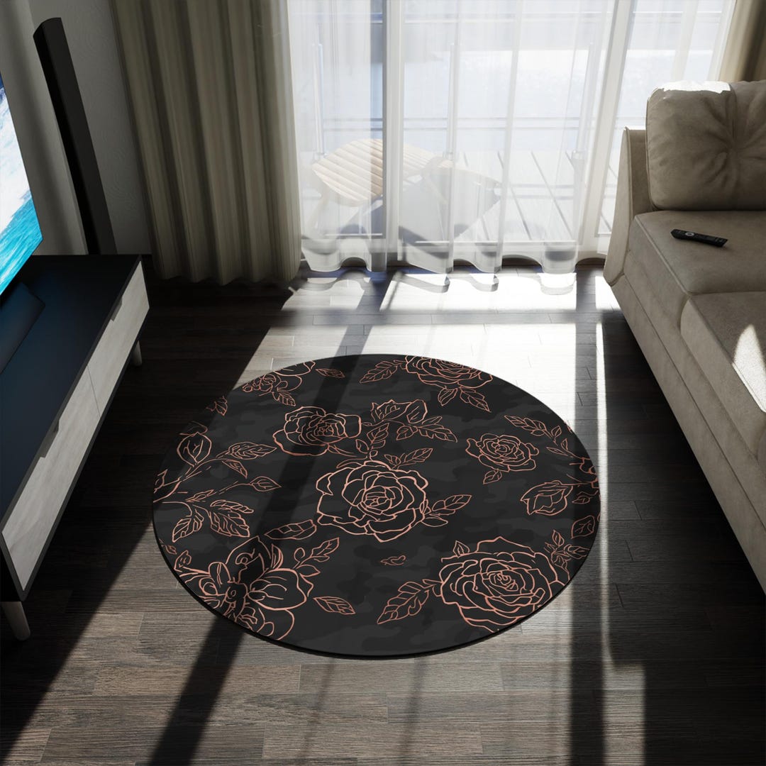 Rose Outline Pattern Round Rug | Black Camouflage Floral Accent - Etsy