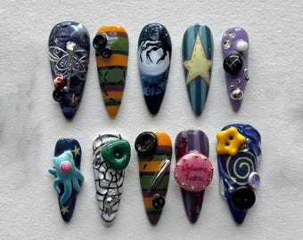 Handmade Whimsical Gothic Press On Nails | Stars, Moon, Buttons & 3D Octopus Design | Long Nails For Artistic Creepy Cute Vibe