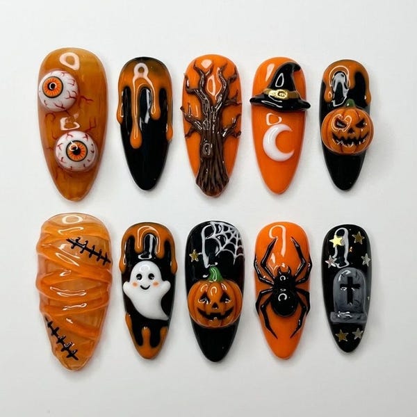 Handmade Spooky Halloween Press On Nails | 3D Ghost Pumpkin Eyeball & Spider Art | Orange Black Horror Nail Set