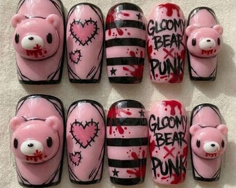 Handmade Punk Press On Nails | Gloomy Bear 3D Art Pink Black | Goth Cute Long Coffin Nails