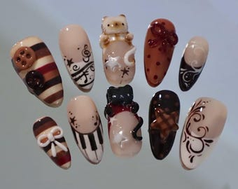 Handmade Chocolate Melody Press On Nails | 3D Bear, Cookie Buttons, Piano Art & Swirl Design | Long Almond Nails For Cute Cozy Vibes