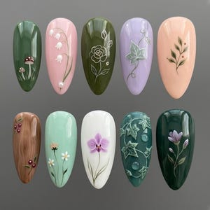 Handmade 3D Lily of the Valley Press On Nails, Forest Nature False Nails Woodland Intricate Relief Dew Drop Mushroom Floral Nail Art