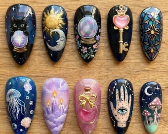 Handmade Mystic Press On Nails | Celestial Moon Crystal Ball Art | Long Almond Fantasy Nails