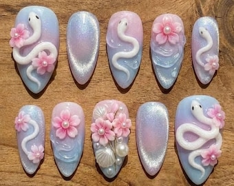 Pastel Snake and Floral Nail Art, 3D Flower Design with Pearls, Soft Blue and Pink Press On Nails, Elegant Handmade Nail Set