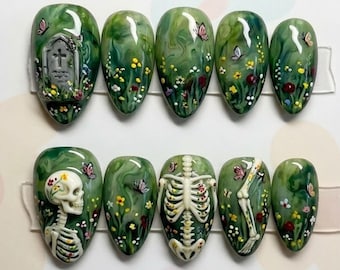 Handgemachte 3D-Dark Cottagecore Stiletto Drücken Sie auf die Nägel, Skelett Floral False Nails Creepy Cute Natur Friedhof Schmetterling Nail Art