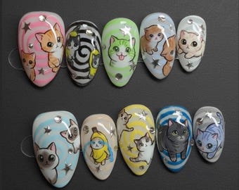 Handmade Kitty Cartoon Press On Nails | Colorful Cats, Sparkle Stars & Fun Patterns | Long Almond Nails For Cute Cozy Vibes