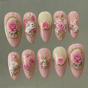 Handmade 3D Floral Vintage Almond Press On Nails, Honey Bee Rose False Nails Intricate Relie Garden Easter Nail Art