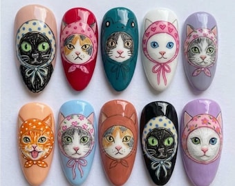 Handmade Vintage Cat Press On Nails | Cute Cat Portrait & Bonnet Scarf Art | Whimsical Cottagecore Custom Nails