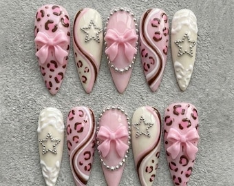 Pink Leopard Press On Nails, Bow Pearl Nails, Cute Luxury Handmade Long Press On Nail Set