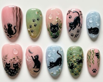 Handmade Black Cat Press On Nails, Cute Kitty Pastel Nails, Kawaii Cat Nail Art, Short Almond Floral Nails, Aesthetic False Nails