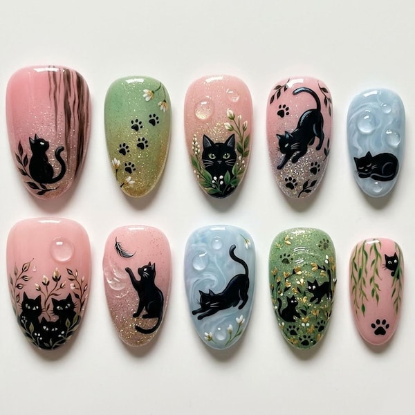 Handgemachte schwarze Katzenpresse auf den Nägeln, süße Kitty-Pastellnägel, Kawaii-Katzennagelkunst, kurze Mandelblumennägel, ästhetische falsche Nägel