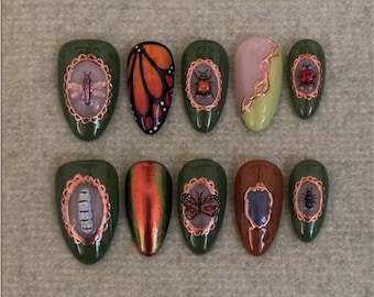 Handmade Nature Insect Press On Nails | Butterfly, Bee, Ladybug, Dragonfly & Ant Framed Art | Green Brown Vintage Nail Set