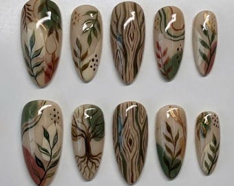 Handmade Botanical Press On Nails | Tree Rings Forest Leaves Design | Long Oval Nails For Natural Organic Vibes