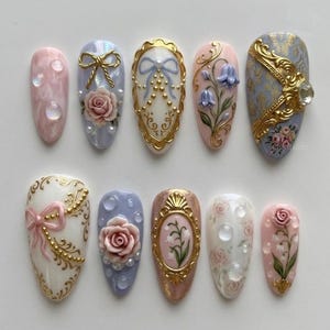 Handmade 3D Vintage Baroque Press On Nails, Elegant Floral Pearl Nails, Luxury Gold Frame Nails, Romantic Feminine False Nails Set image 1