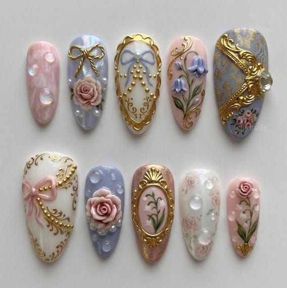 Handmade 3D Vintage Baroque Press On Nails, Elegant Floral Pearl Nails, Luxury Gold Frame Nails, Romantic Feminine False Nails Set