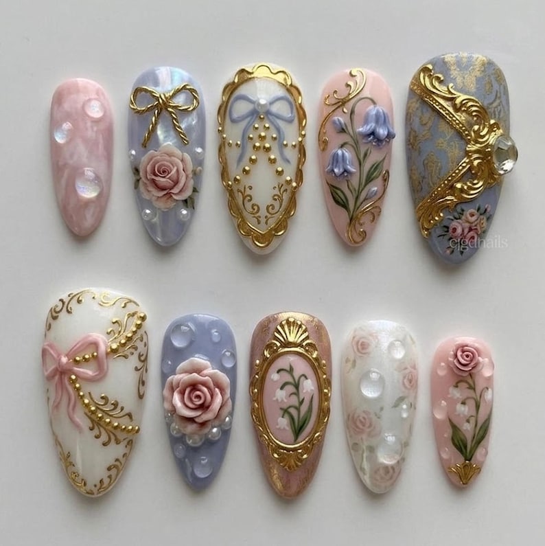 Handmade 3D Vintage Baroque Press On Nails, Elegant Floral Pearl Nails, Luxury Gold Frame Nails, Romantic Feminine False Nails Set image 1