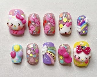 Handgefertigte Kawaii-Kitty-Press-On-Nägel | 3D-Schleife, Regenbogen & Ballon-Design in Rosa | Niedliches Nagelset im Pastell-Y2K-Stil