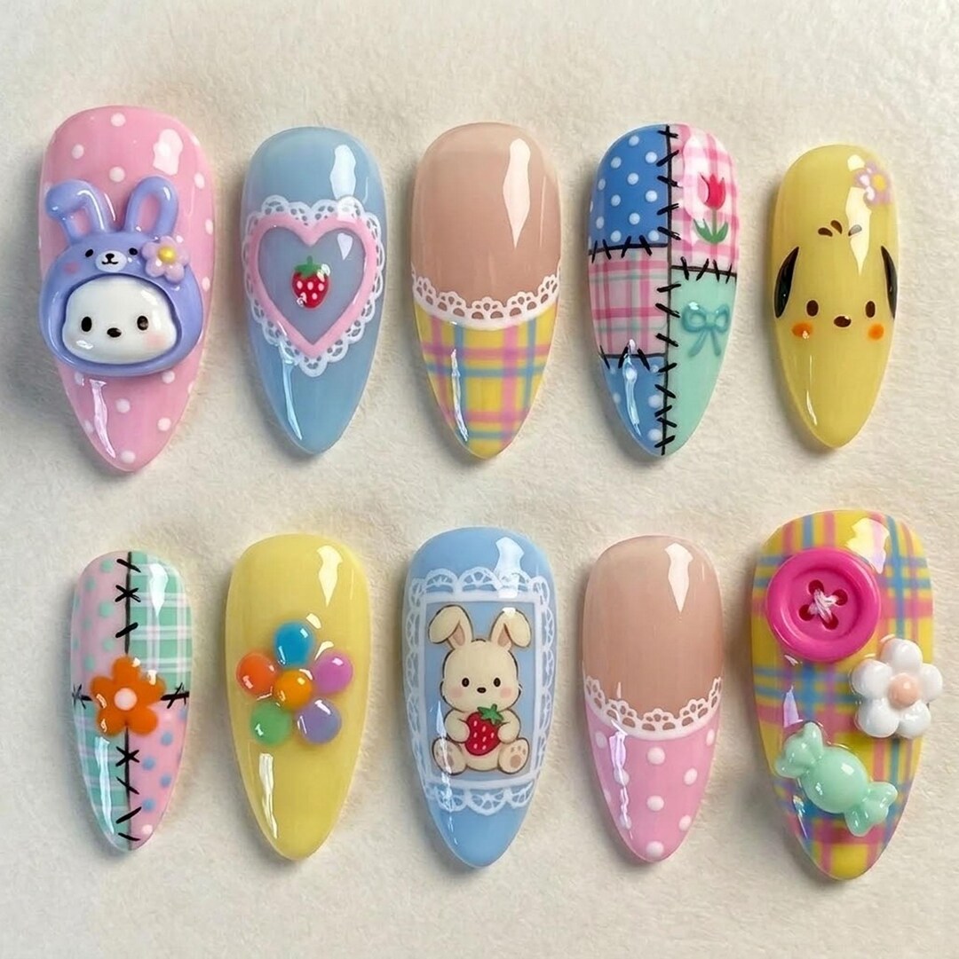 Handmade Cute Bunny Press on Nails | Kawaii Candycore Art, Pastel Plaid ...
