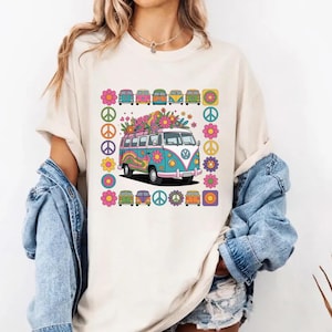 Retro Hippie PNG, Colorful Peace Sign Flower Power Bus Sublimation Design, Groovy 60s Vintage Clipart, Boho T-Shirt Decor