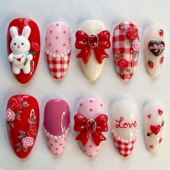 Handmade Valentine Press On Nails | Red Pink Bunny Bow Floral Design | Long Oval Sweet Romantic Nails