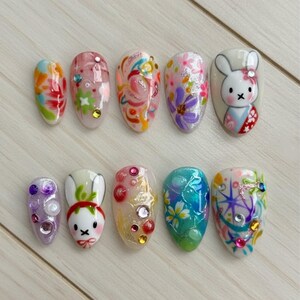Handmade Kawaii Bunny Press On Nails | Kimono Rabbit, Sakura & Floral 3D Art | Medium Almond Nails For Cute Spring Vibes