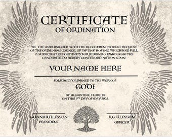 Ásatrú Heathen Pagan Wiccan Ordination - Certificate of Ordination