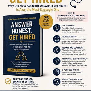 May include: A dark blue book titled Answer Honest, Get Hired: A Practical Interview Method for Nurses by Shane Huey, MS, MBA, RN, LNC. The cover features white and yellow text, a stethoscope icon, and a list of 25 pages of interview strategies.