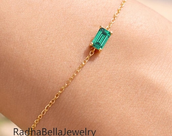 Baguette Emerald Bracelet, Dainty 925 Sterling Silver Chain, May Birthstone