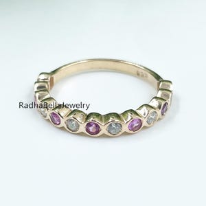 Bezel Set Pink Sapphire & Diamond Wedding Band – September Birthstone Anniversary Ring – Dainty Gold Stacking Ring – Ladies Anniversary Gift
