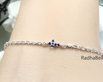 Sterling Silver Blue Sapphire Cross Bracelet, September Birthstone Jewelry