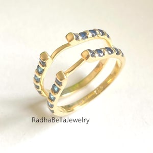 Round Cut Sapphire Enhancer Ring, 925 Silver, Bridal Guard Band, Sapphire Chevron Wedding Band Wrap, Ring Jacket, Gothic Bridal Jewelry