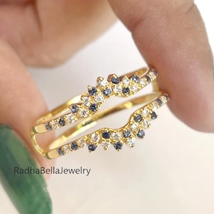 Round Cut Blue Sapphire & Diamond V Shape Chevron Enhancer Guard For Women, 14K Gold Plated 925 Silver September Birthstone Contour Guard