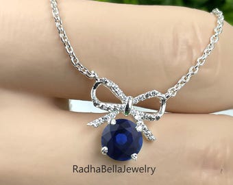 ブルーサファイアのリボンネックレス、スターリングシルバー、ダイヤモンドアクセント、9月の誕生石