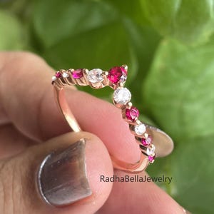 Bague rubis et diamants en forme de V, alliance en argent 925