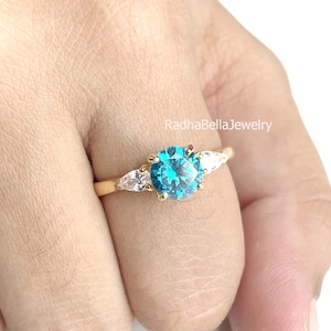 Blue Topaz & Diamond Three Stone Engagement Ring, December Birthstone Topaz 3 Stone Ring, Dainty Gemstone Ring, Bridal Jewelry Gift for Her