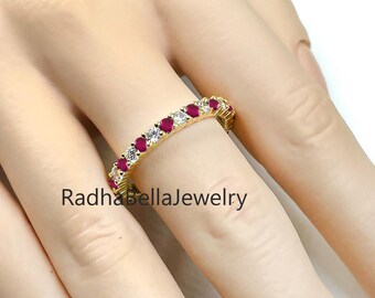 Round Cut Ruby & Diamond Full Eternity Band | 925 Sterling Silver Stacking Ring