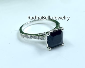Princess Cut Black & White Diamond Engagement Ring, 925 Sterling Silver, Bridal Promise Ring