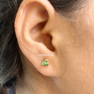 3 Stone Emerald Stud Earrings, Triple Green Gemstone Studs, May Birthstone Earrings, Dainty Minimalist Jewelry Gift for Her, Green Studs
