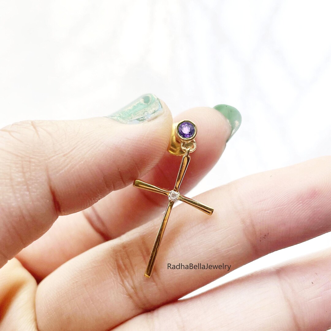 Amethyst and Diamond Cross Dangle Earrings for Women, 925 Silver
